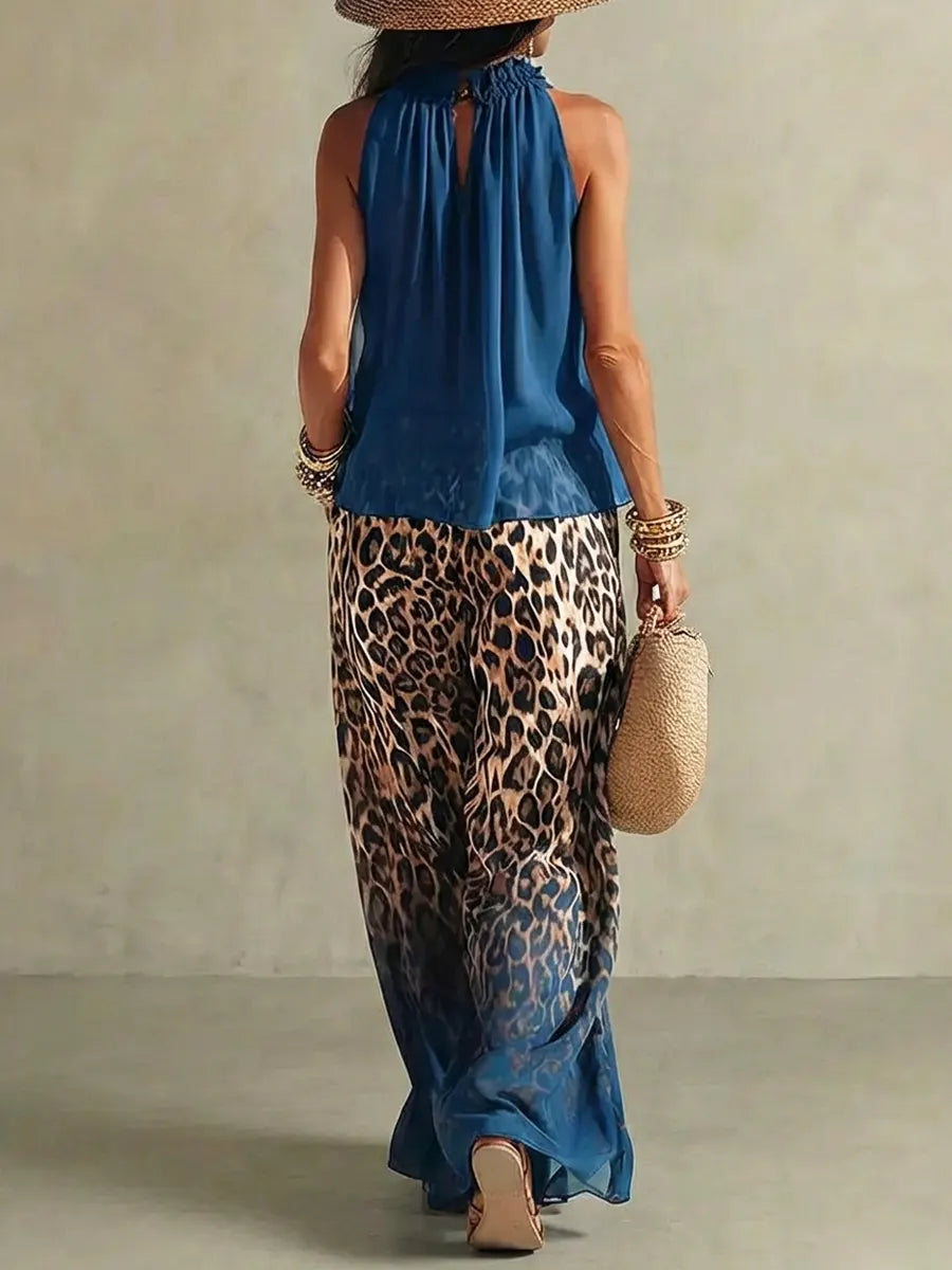 Women's Retro Sleeveless Stylish Casual Top And Leopard Art Pants Suits