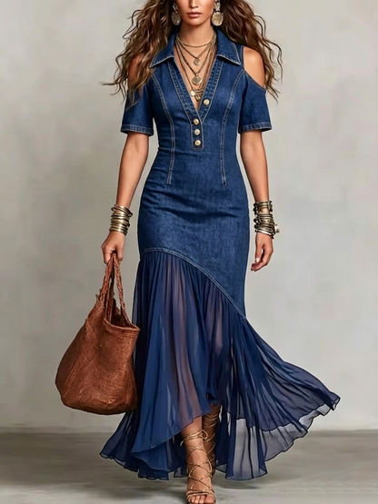 Stylish Polo-collar Denim Maxi Dress With Organza Paneling