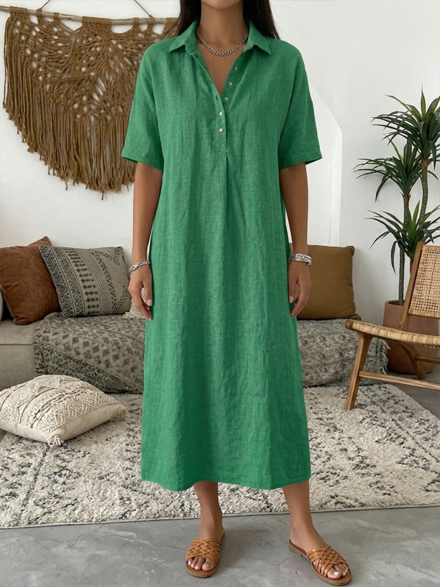 Vestido polo de algodón y lino para mujer – Vestido de verano informal de manga corta
