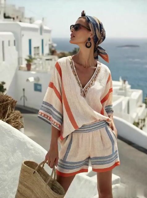 Women's Casual Vacation V-neck Striped Print Top and Shorts Two-piece Set
