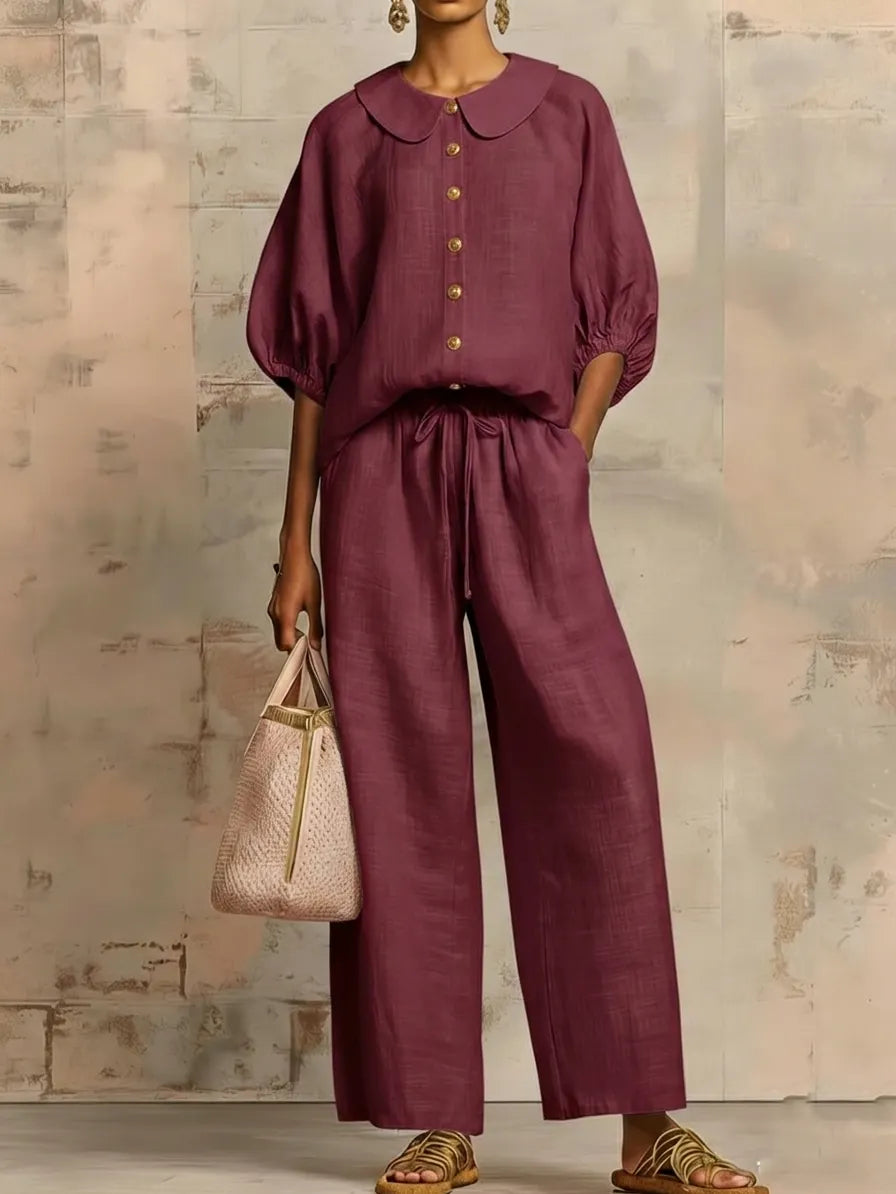 Stylish Peter Pan Collar Shirt And Wide-leg Pant Linen Two-piece Set