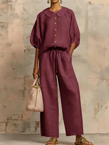 Stylish Peter Pan Collar Shirt And Wide-leg Pant Linen Two-piece Set
