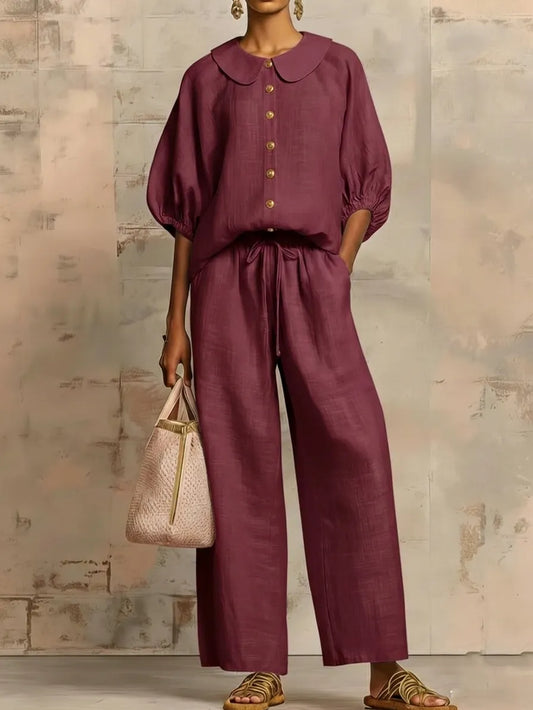 Stylish Peter Pan Collar Shirt And Wide-leg Pant Linen Two-piece Set
