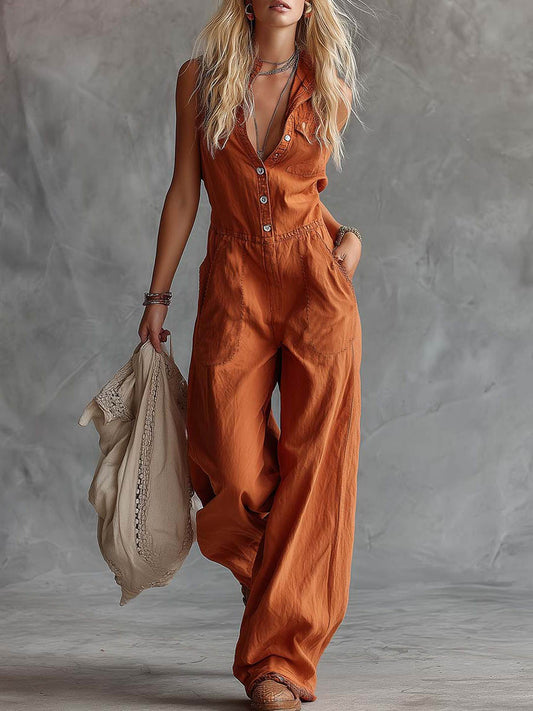 Combinaison ample décontractée sans manches en coton et lin de couleur unie avec col chemise pour femme