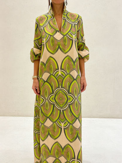 Retro Stand-up Collar Floral Print Loose Linen Cotton Dress