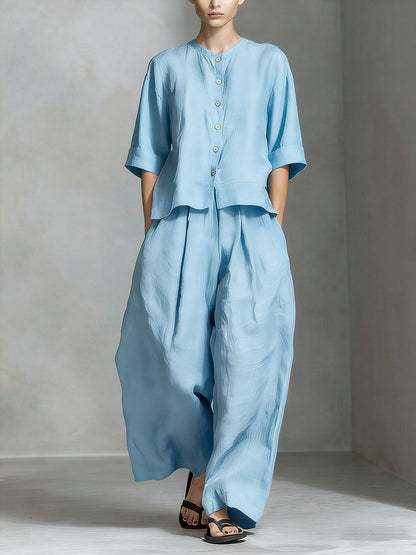 Women's Solid Color Round Neck 3/4 Sleeve Casual Loose Cotton Linen Top And High Waist Wide-leg Pants Cotton Linen Set
