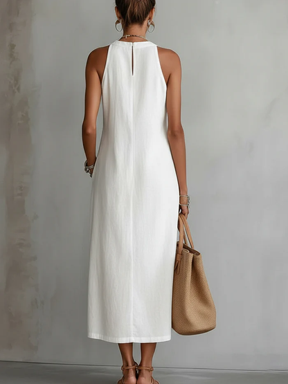 🌿 Vestido Minimalista de Lino con Encaje Estilo Retro y Acogedor — Atemporal. Elegante. Tú, sin esfuerzo.