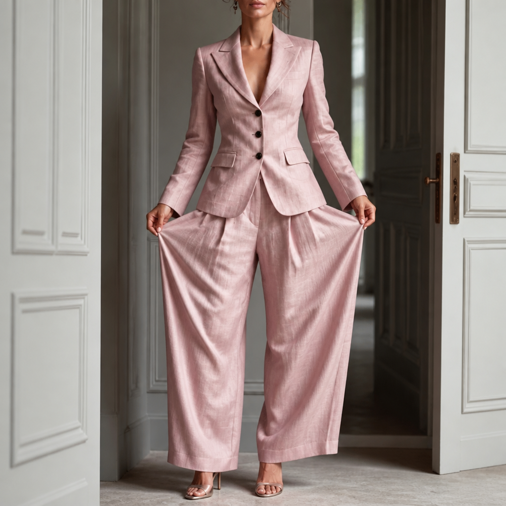 Pleated High-Waist Wide-Leg Blazer Suit Set