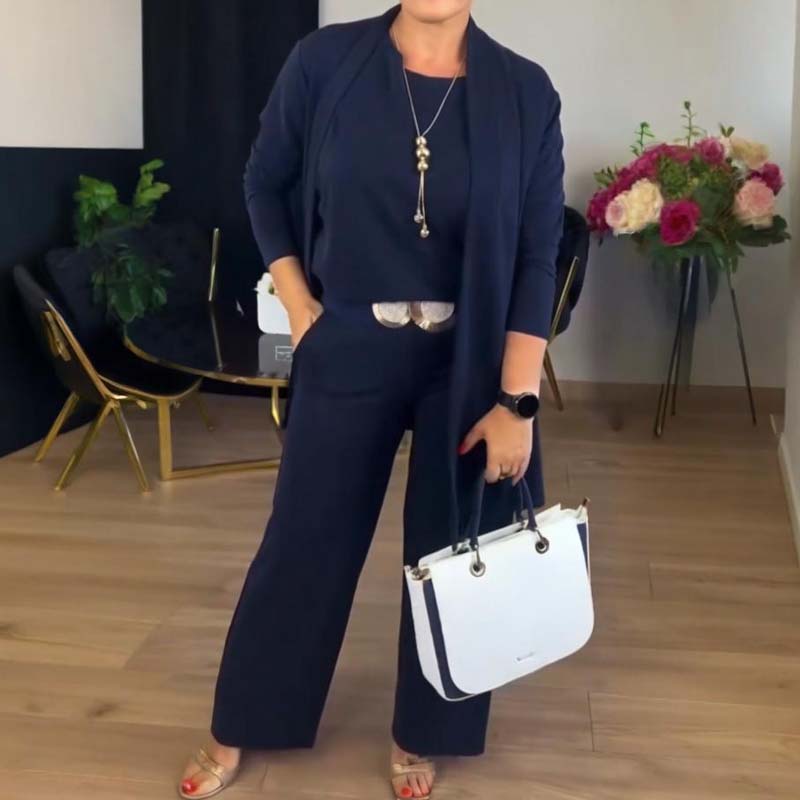 Elegante conjunto de 3 piezas que incluye cárdigan largo, top y pantalón