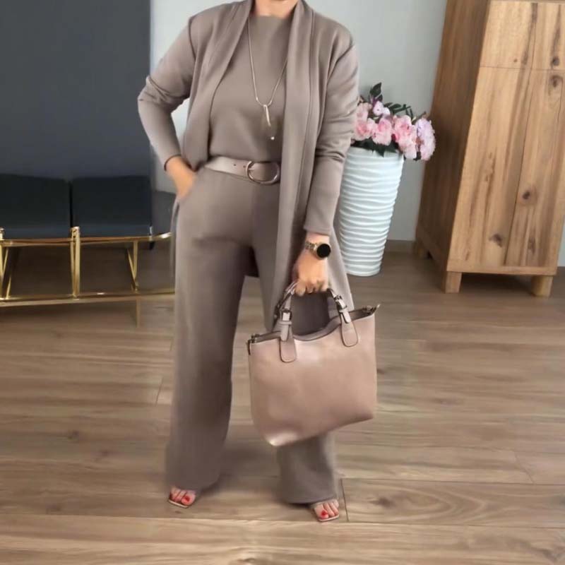 Elegante conjunto de 3 piezas que incluye cárdigan largo, top y pantalón
