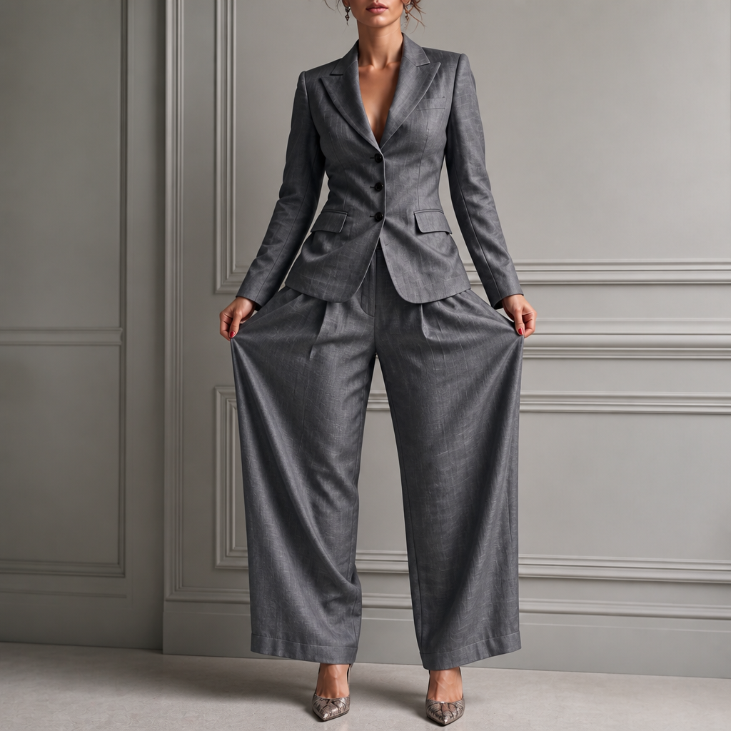 Pleated High-Waist Wide-Leg Blazer Suit Set