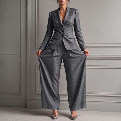 Pleated High-Waist Wide-Leg Blazer Suit Set