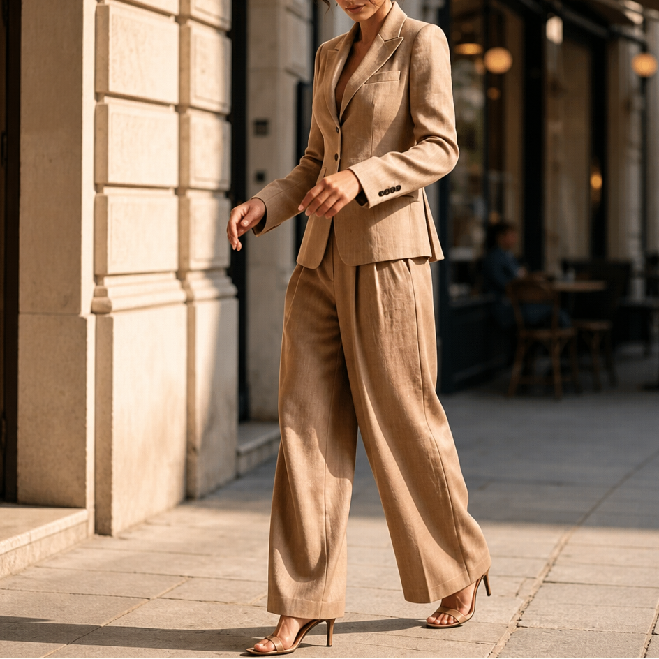 Pleated High-Waist Wide-Leg Blazer Suit Set