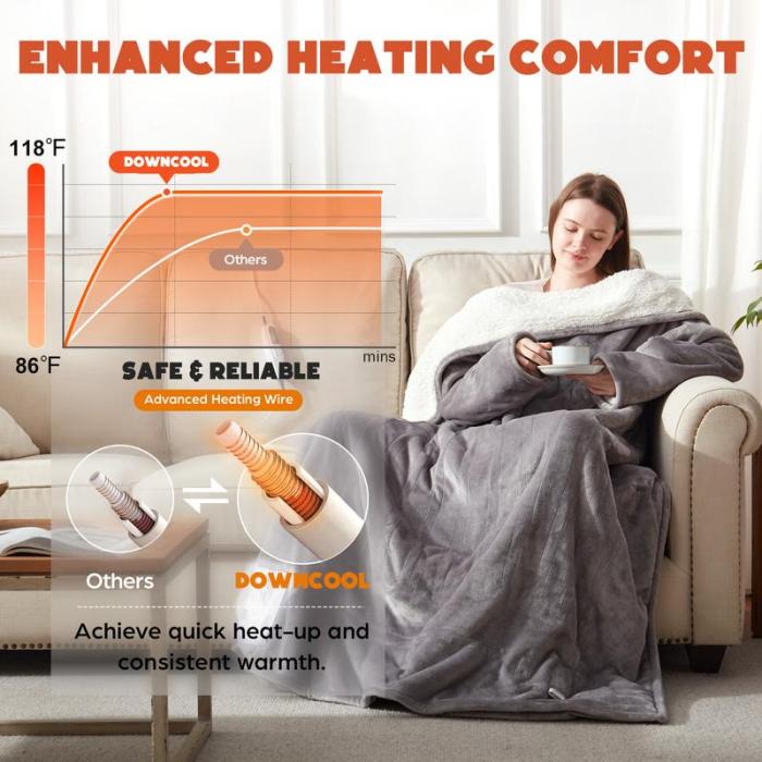 Wearable Electric Heated Blanket with Sleeves & Hood, 50x70